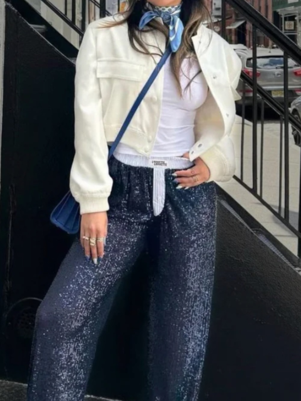 Sequin Wide-Leg Pants in Navy Blue